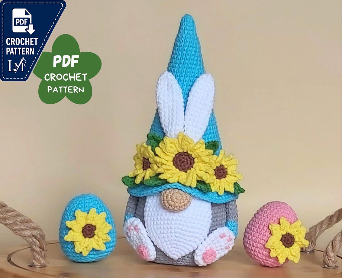 Crochet Easter bunny with sunflowers, Bunny crochet pattern, Crochet animals amigurumi pattern, Easter crochet bunny gnomes patterns